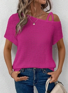 Detail of fuchsia off-shoulder knit top with waffle texture and double shoulder straps