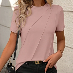 Women's round neck short sleeve dusty pink T-shirt with diagonal decorative seams