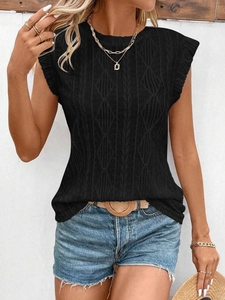 Detail of black knit tank top featuring textured jacquard pattern and ruffled sleeve accents