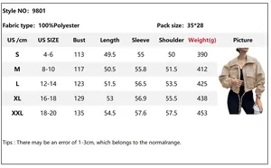 Detailed size chart for women's short windbreaker jacket with measurements in US and cm
