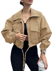 Detail of khaki cropped utility jacket featuring windproof fabric and drawstring hem