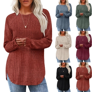 Maglia da Donna Casual a Coste Manica Lunga Girocollo Orlo Arrotondato Spacco Laterale Vestibilità Comoda Tinta Unita Autunno Maglieria