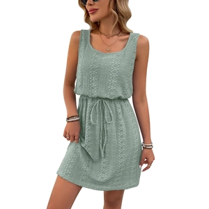 Mint green sleeveless mini dress with square neck and drawstring waist texture