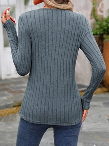 Detailed back view of a slim-fit ribbed knit long sleeve top in grey-blue color