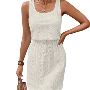 Elegant sleeveless white lace dress for women with square neck and drawstring waist