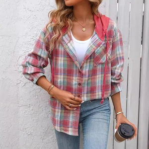 Women's oversized red and green plaid hooded shirt with long sleeves and front pocket