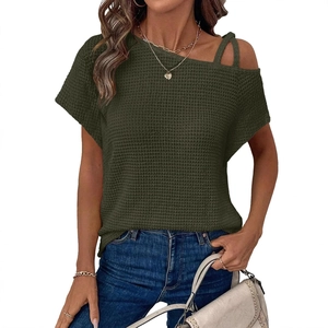 Army green waffle knit short sleeve top with off-shoulder neckline and asymmetric straps