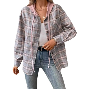 Women's plaid hooded shirt jacket featuring grey and pink oversized check pattern