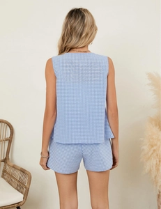 Achteraanzicht van een blauw-wit geruite zomerse tweedelige set met crop top en short