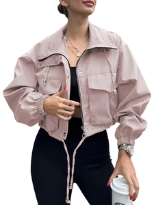 Detail of pink cropped windbreaker jacket with zipper closure and drawstring hem for women