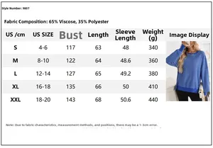 Detailed size chart for crewneck color block sweatshirt showing US sizes and measurements