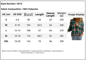Size chart for women's V-neck plaid shirt showing S to XXL dimensions and polyester material