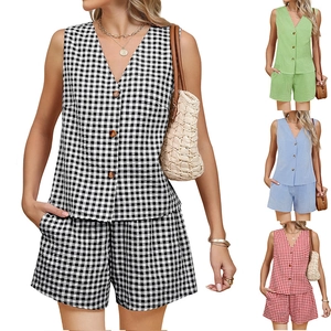 Dames Casual Ruitpatroon Vest En Shorts Vakantie Outfit V-Hals Knoop Top Hoge Taille Zak Zomer Kleding