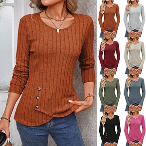 Women Ribbed Knit Long Sleeve Top Round Neck Asymmetric Button Hem Slim Fit Rayon Polyester Blend Casual Fashion T-Shirt
