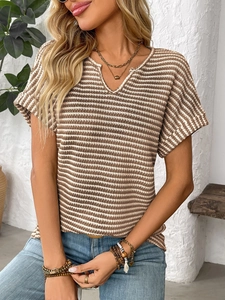 Close-up of women's V-neck striped short sleeve t-shirt showing fine textured fabric