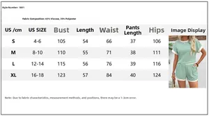 Detailed size chart for women's striped two-piece set showing US S-XL measurements