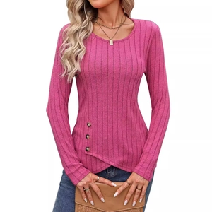 Slim fit long sleeve knit top in dark pink with vertical texture and buttoned hem detail