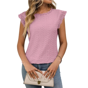 Pink short sleeve top with lace eyelet embroidery and scalloped edges for women