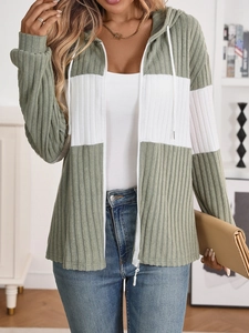 Detailed knit texture and color-blocked zipper cardigan in sage green and white
