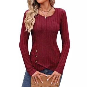 Slim fit burgundy ribbed knit long sleeve top with asymmetric buttoned hem for women