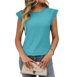 Women's summer lace hollow short sleeve T-shirt in bright teal blue with round neck