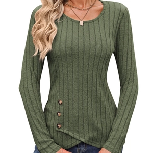 Women's army green crew neck ribbed knit top with side buttoned asymmetrical hem