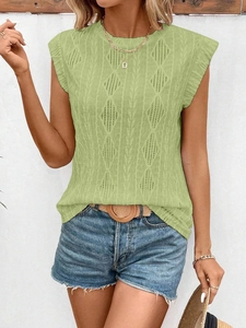 Detailed view of light green sleeveless knit top with hollow diamond texture and stripes