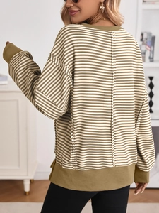 Back view of color-block crewneck sweatshirt with dark green stripes and ribbed hem