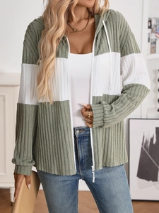 Detail of army green and white ribbed knit color-block zip-up hoodie with drawstrings