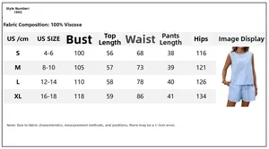 Size chart for sleeveless top and shorts set in 100% viscose with blue stripes