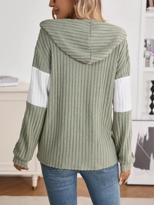 Back view of sage green knit hoodie featuring white contrast panels on long sleeves