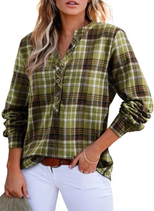 Detail of classic green plaid henley shirt with three buttons and soft fabric texture