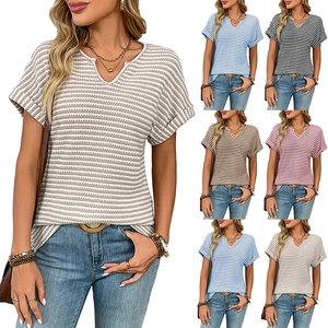Women Casual V Neck Striped Short Sleeve T-Shirt Loose Pullover Waffle Knit Texture Summer Fashion Streetwear Tops