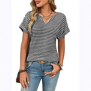 Women's V-neck striped short sleeve t-shirt in black and white waffle knit fabric