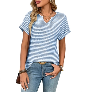 Women's summer V-neck short sleeve knit top in classic blue and white stripes