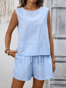 Detailed view of striped sleeveless top and drawstring shorts summer set on a model