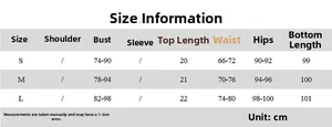 Size chart table for off-shoulder top and maxi skirt set with measurements in cm