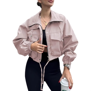 Women's cropped zip-up utility jacket in pale pink with adjustable drawstring hem