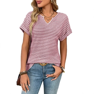 Women's pink and white striped V-neck short sleeve casual T-shirt in loose fit style