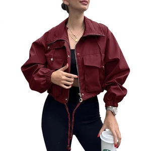 Burgundy cropped utility jacket with standing collar and zip-up front for women