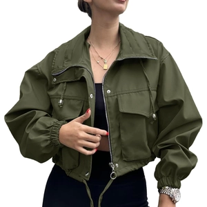Women's olive green short utility windbreaker jacket with zipper and cargo pockets