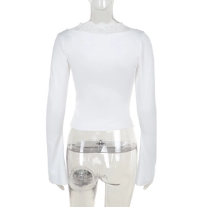 Detail of white long sleeve top featuring delicate lace trim on the V-neck back view