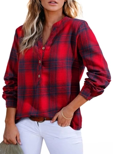Detail view of the red and black plaid shirt with V-neck design and button-down collar