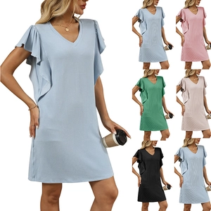 Women Casual V Neck Ruffle Sleeve Ribbed Midi Dress Summer A Line Solid Color Viscose Polyester Knit Dress