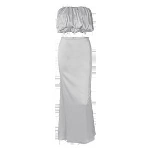 Detail view of grey two-piece set featuring a ruched tube top and high waist maxi skirt