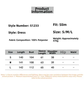 Detailed size chart for slim fit long sleeve ruched dress with precise measurements