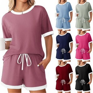 Damen Baumwollmischung Geripptes Schlafanzug-Set Kontrastreiche Einfassung Kurzarm Top And Bottom Lounge Wear Nachtwäsche