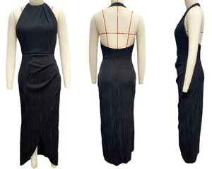 Three-way view of a black halter dress with ribbed texture and front slit detail