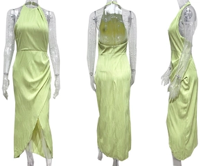 Three-way view of light green backless halter maxi dress with satin ripple texture