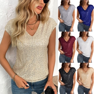 Haut à Sequins Décontracté pour Femmes Col en V Manches Courtes Coupe Décontractée Blouse d'Été Brillante Tenue de Soirée Streetwear